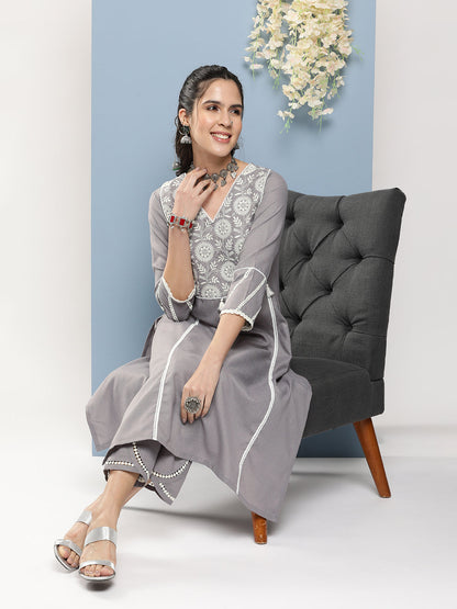 Women's Grey Embroidered A-Line Kurta With Lace Detailing With Grey Solid Palazzos