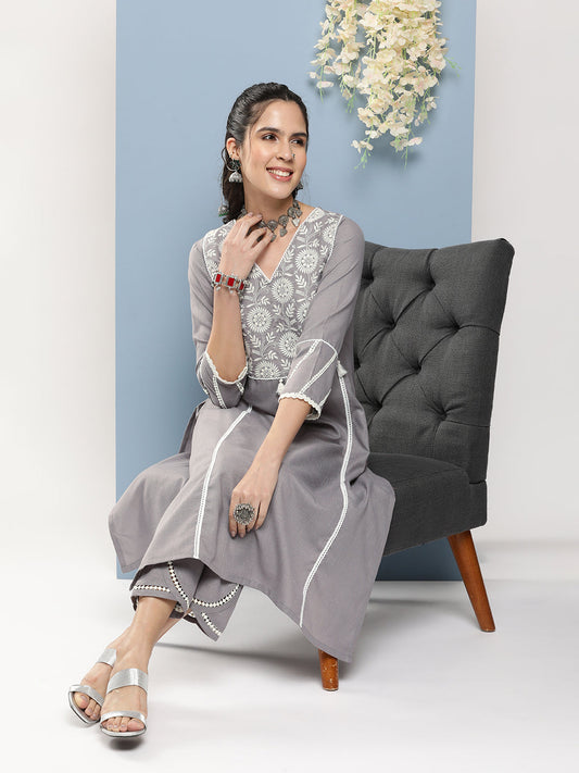 Women's Grey Embroidered A-Line Kurta With Lace Detailing With Grey Solid Palazzos
