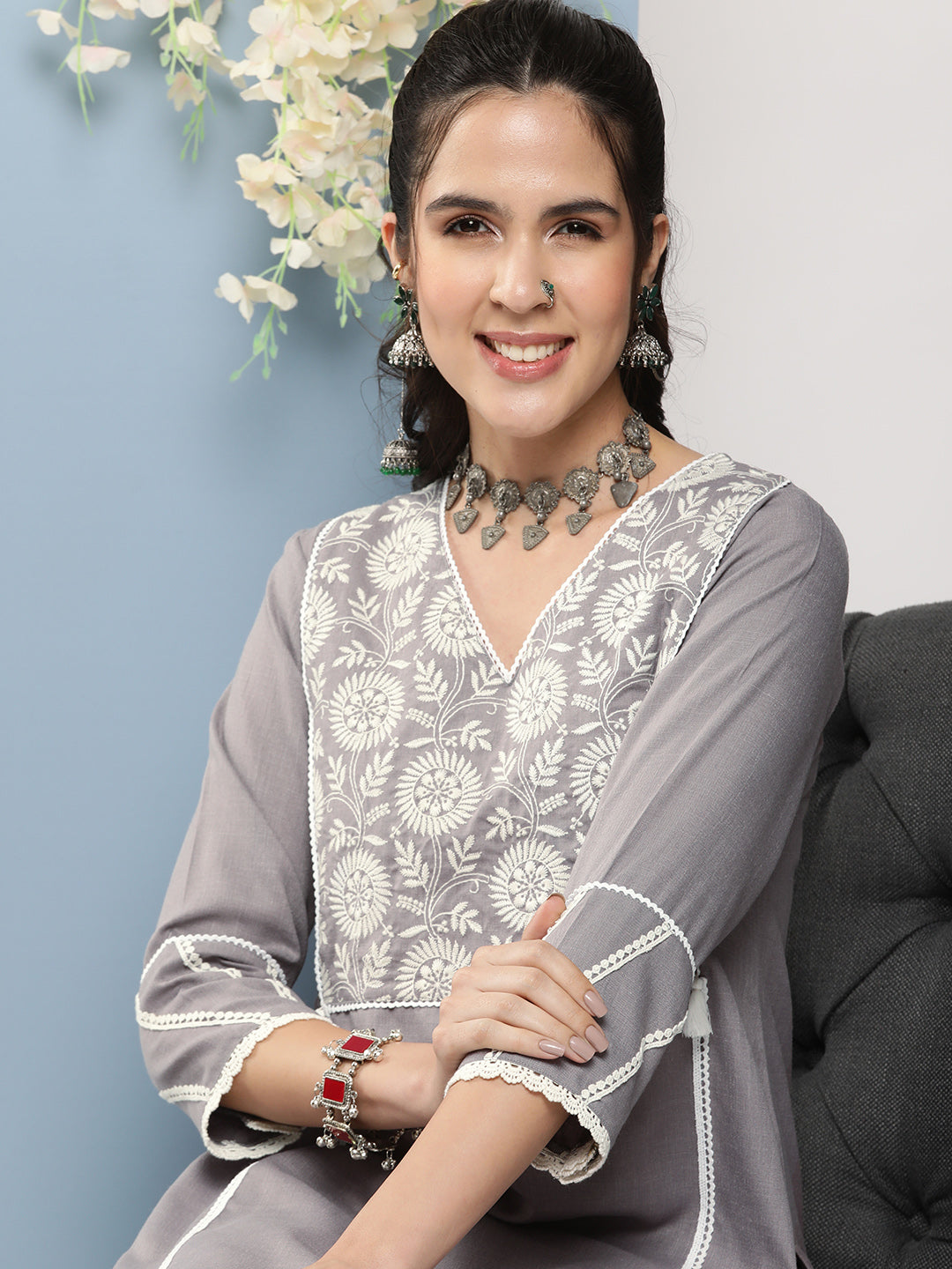Women's Grey Embroidered A-Line Kurta With Lace Detailing With Grey Solid Palazzos
