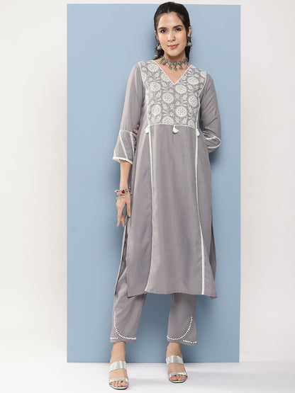 Women's Grey Embroidered A-Line Kurta With Lace Detailing With Grey Solid Palazzos