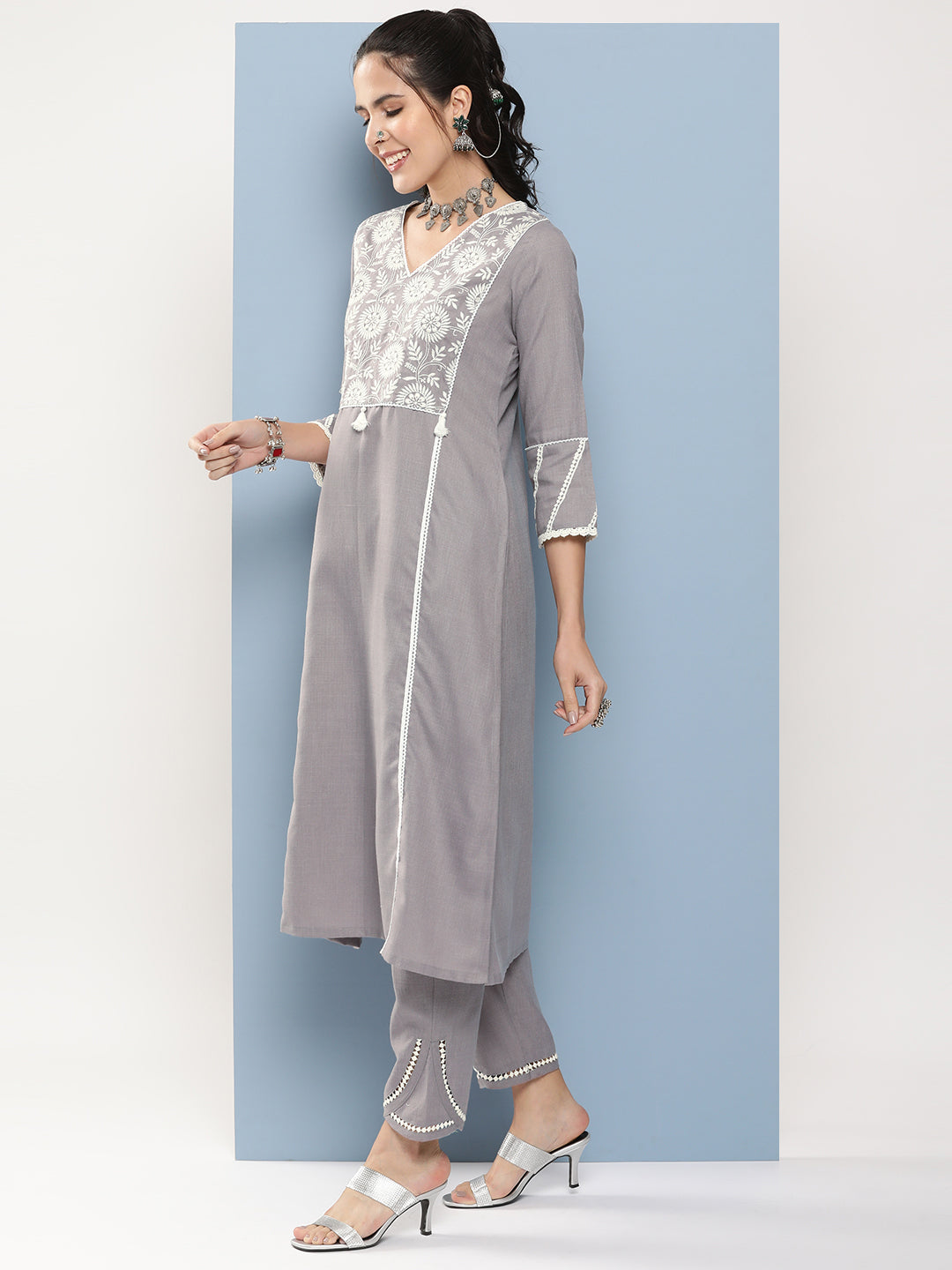 Women's Grey Embroidered A-Line Kurta With Lace Detailing With Grey Solid Palazzos