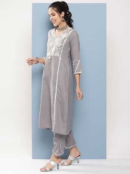 Women's Grey Embroidered A-Line Kurta With Lace Detailing With Grey Solid Palazzos