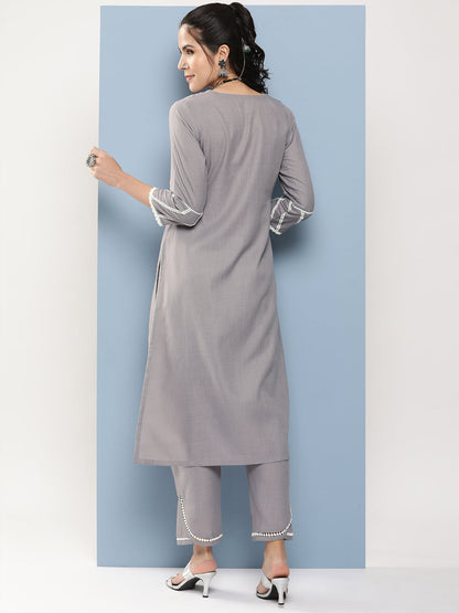 Women's Grey Embroidered A-Line Kurta With Lace Detailing With Grey Solid Palazzos
