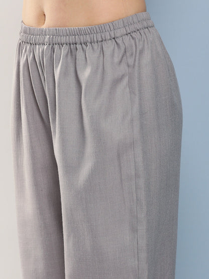 Women's Grey Embroidered A-Line Kurta With Lace Detailing With Grey Solid Palazzos