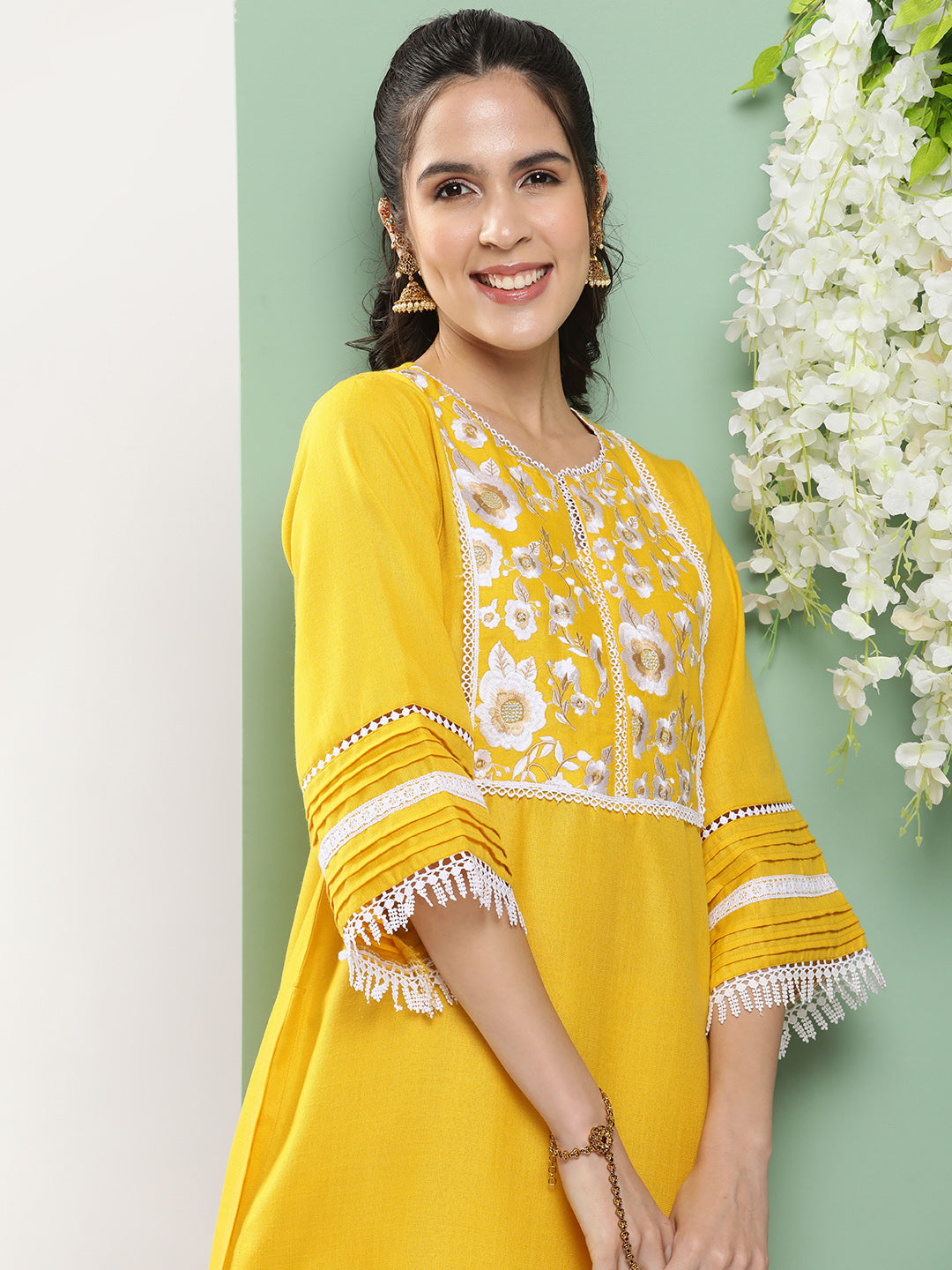 Women's Mustard Embroidered Kurta With Mustard Solid Palazzos