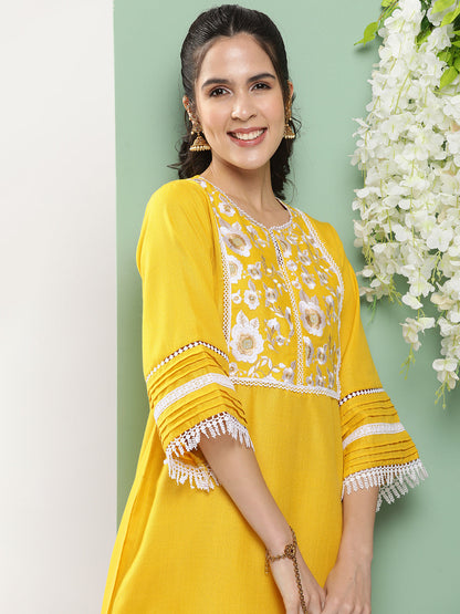 Women's Mustard Embroidered Kurta With Mustard Solid Palazzos