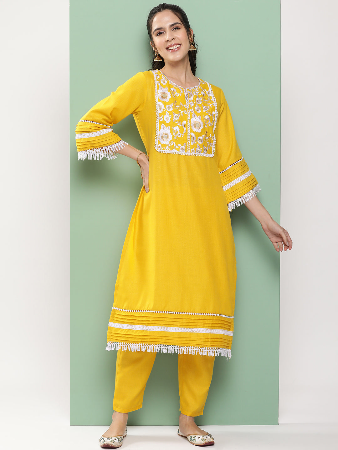 Women's Mustard Embroidered Kurta With Mustard Solid Palazzos