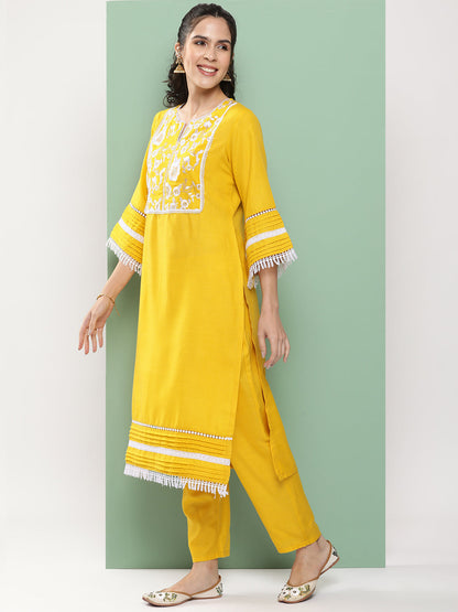 Women's Mustard Embroidered Kurta With Mustard Solid Palazzos