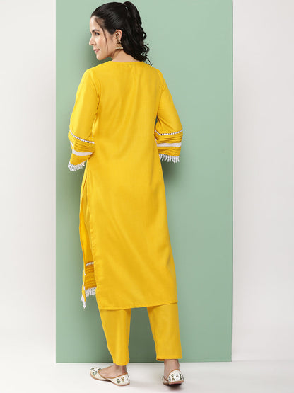 Women's Mustard Embroidered Kurta With Mustard Solid Palazzos
