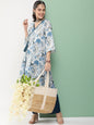 Women's White & Blue Floral Printed A- Line Side Wrap-On Kurta With Blue Solid Palazzo