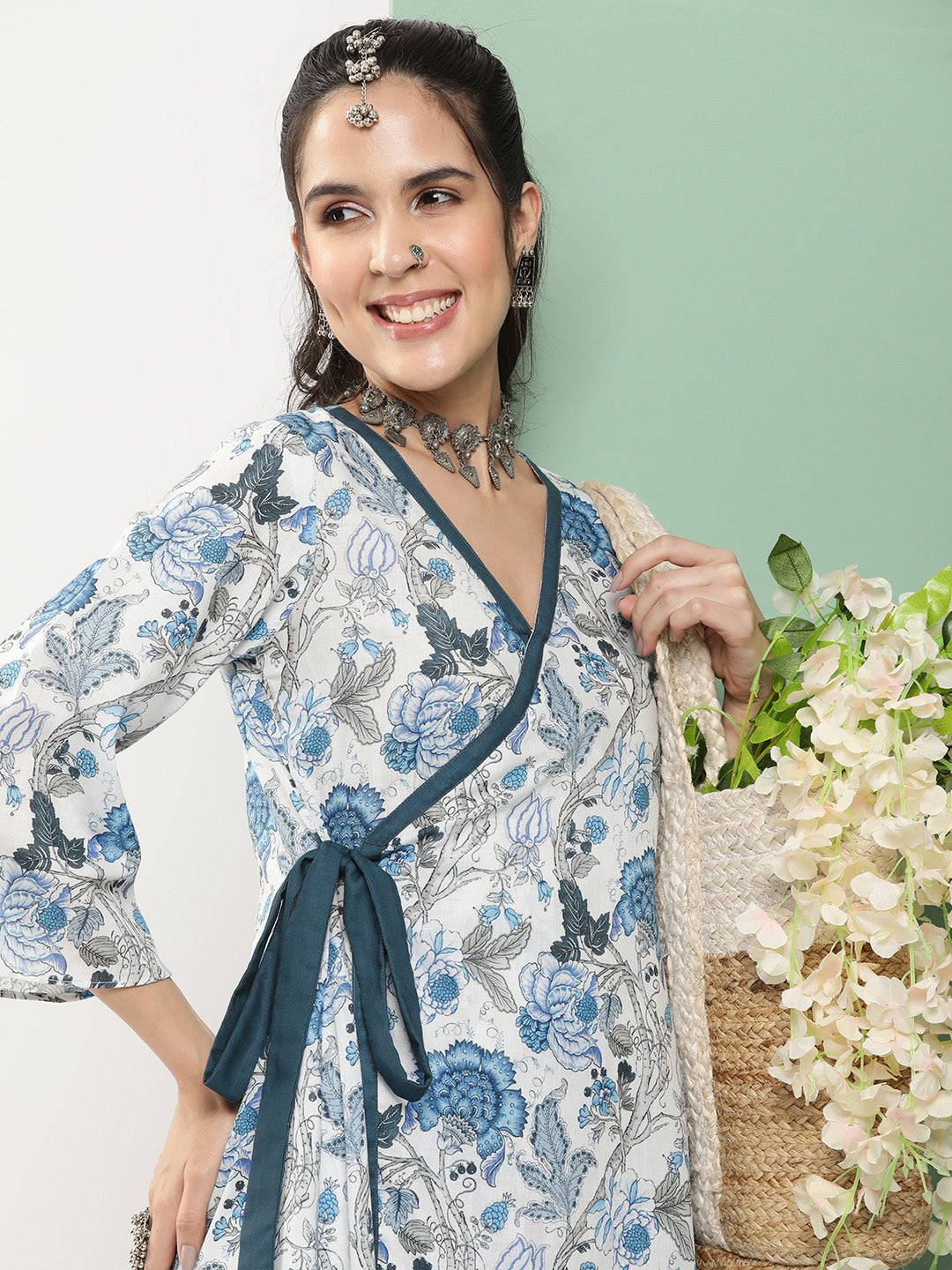 Women's White & Blue Floral Printed A- Line Side Wrap-On Kurta With Blue Solid Palazzo
