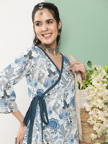 Women's White & Blue Floral Printed A- Line Side Wrap-On Kurta With Blue Solid Palazzo