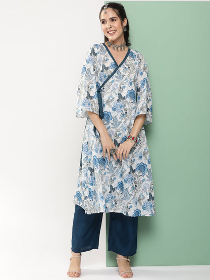 Women's White & Blue Floral Printed A- Line Side Wrap-On Kurta With Blue Solid Palazzo