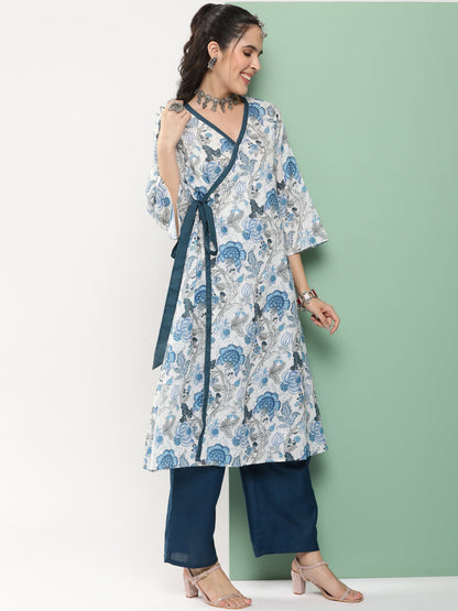 Women's White & Blue Floral Printed A- Line Side Wrap-On Kurta With Blue Solid Palazzo