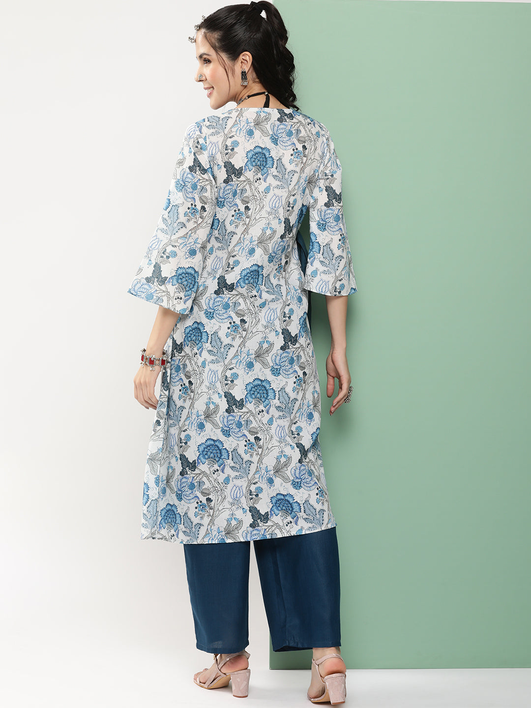 Women's White & Blue Floral Printed A- Line Side Wrap-On Kurta With Blue Solid Palazzo