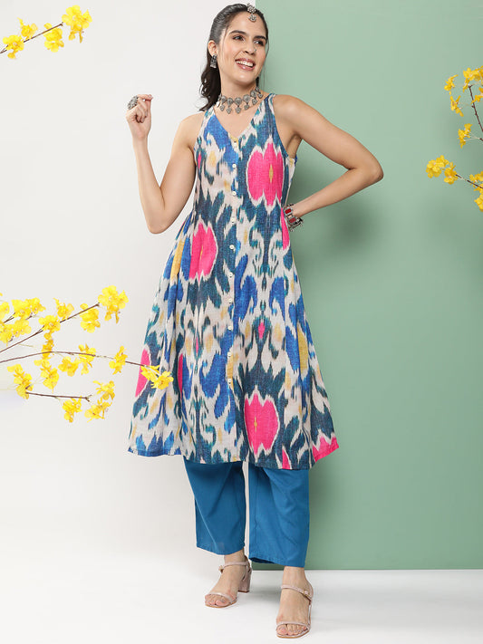 Women's Multi-Colour Ikat Print A-Line Calf Length Kurta With Blue Solid Palazzos