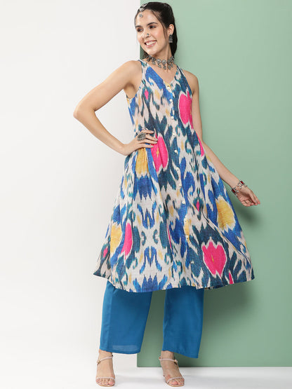 Women's Multi-Colour Ikat Print A-Line Calf Length Kurta With Blue Solid Palazzos
