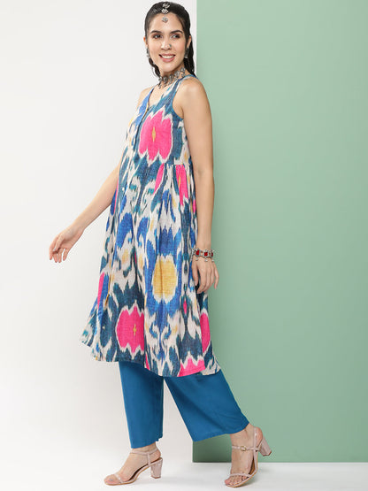 Women's Multi-Colour Ikat Print A-Line Calf Length Kurta With Blue Solid Palazzos