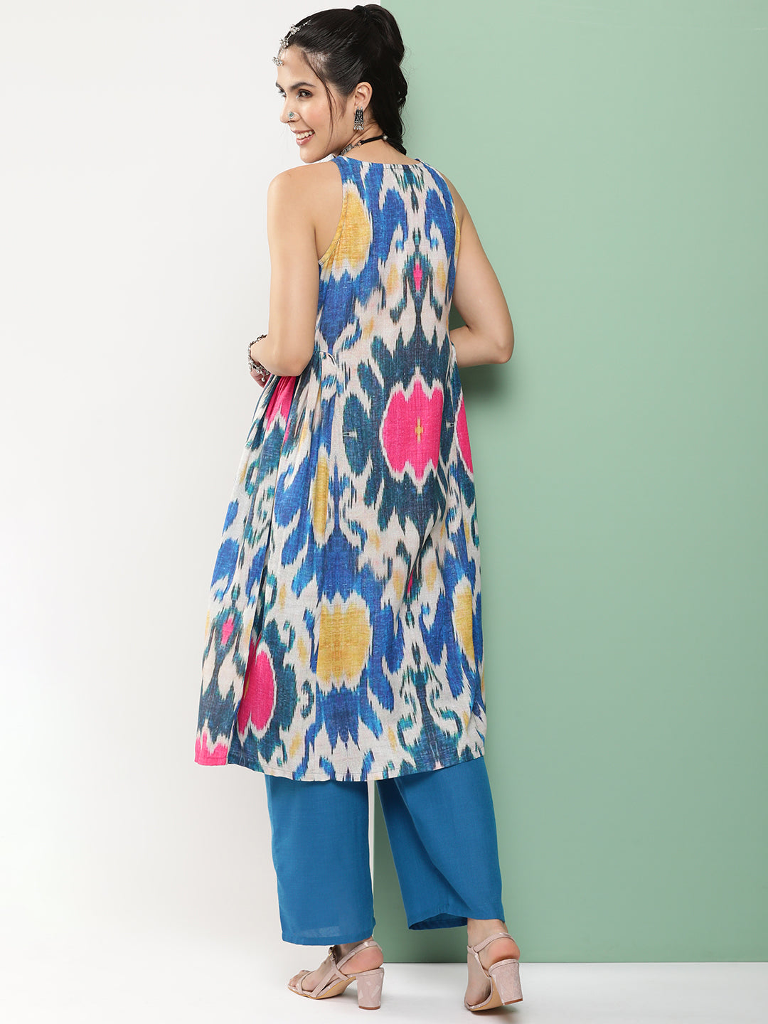Women's Multi-Colour Ikat Print A-Line Calf Length Kurta With Blue Solid Palazzos