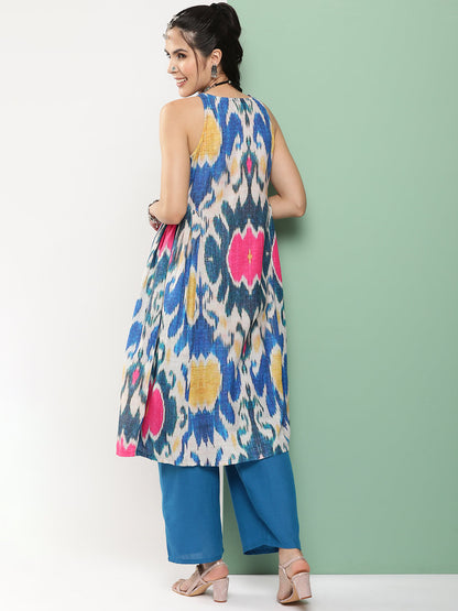 Women's Multi-Colour Ikat Print A-Line Calf Length Kurta With Blue Solid Palazzos
