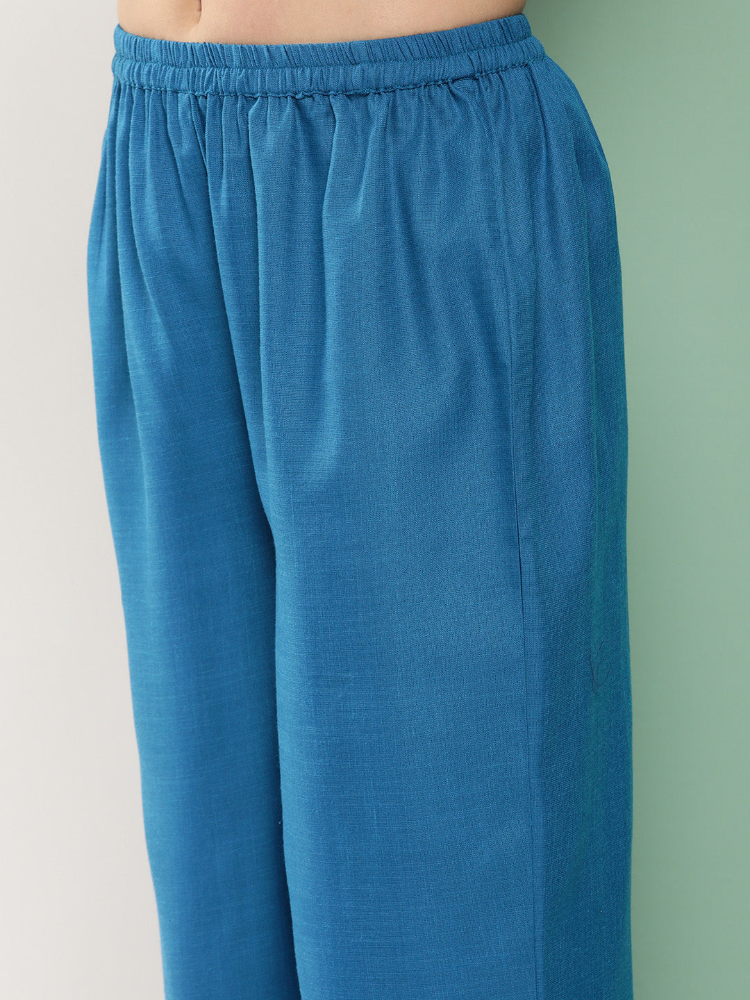 Women's Multi-Colour Ikat Print A-Line Calf Length Kurta With Blue Solid Palazzos