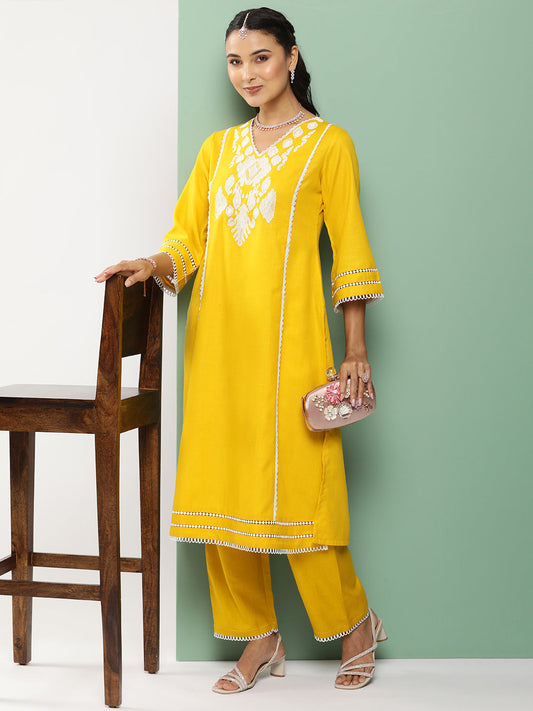 Women's Mustard Ikat Embroidered Kurta With Mustard Solid Palazzo