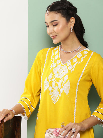 Women's Mustard Ikat Embroidered Kurta With Mustard Solid Palazzo