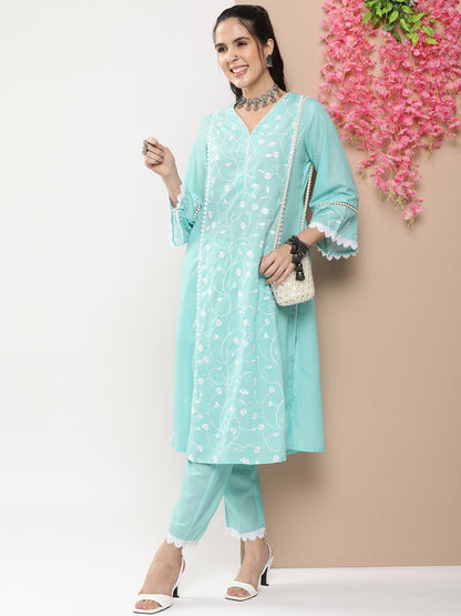 Women's Blue Embroidered Straight Kurta With Lace Details With Blue Solid Palazzos