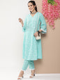 Women's Blue Embroidered Straight Kurta With Lace Details With Blue Solid Palazzos