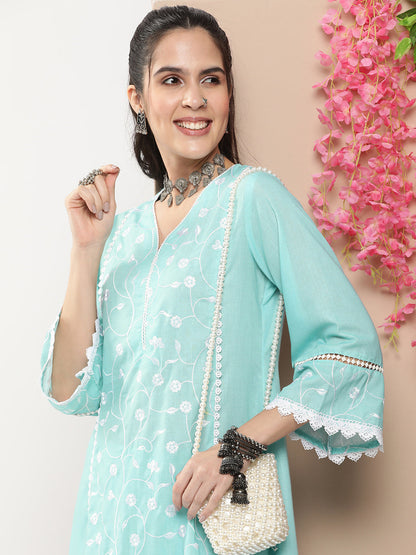 Women's Blue Embroidered Straight Kurta With Lace Details With Blue Solid Palazzos