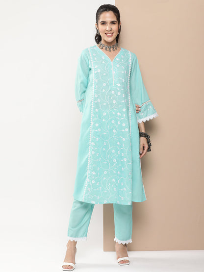 Women's Blue Embroidered Straight Kurta With Lace Details With Blue Solid Palazzos