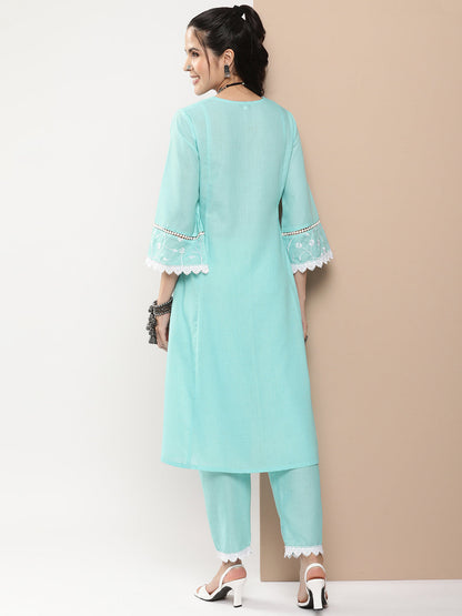 Women's Blue Embroidered Straight Kurta With Lace Details With Blue Solid Palazzos