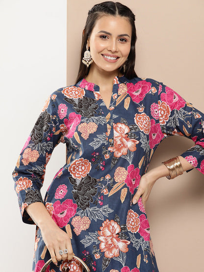 Women's Blue Floral Print Kurta With Blue Floral Print Trousers