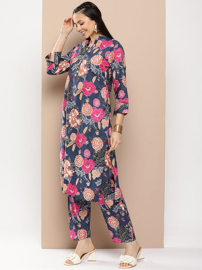Women's Blue Floral Print Kurta With Blue Floral Print Trousers