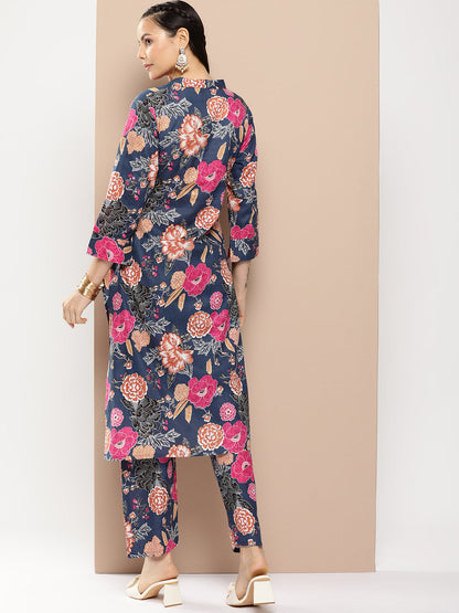 Women's Blue Floral Print Kurta With Blue Floral Print Trousers