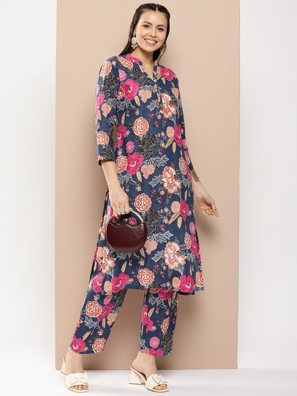 Women's Blue Floral Print Kurta With Blue Floral Print Trousers