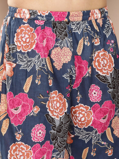 Women's Blue Floral Print Kurta With Blue Floral Print Trousers