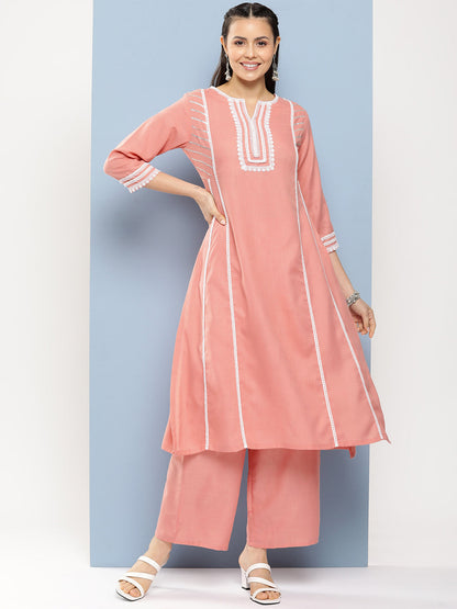 Women's Peach Solid Lace Details Kurta With Peach Solid Palazzo