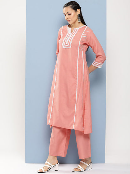 Women's Peach Solid Lace Details Kurta With Peach Solid Palazzo