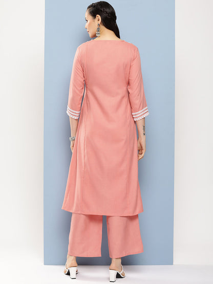 Women's Peach Solid Lace Details Kurta With Peach Solid Palazzo