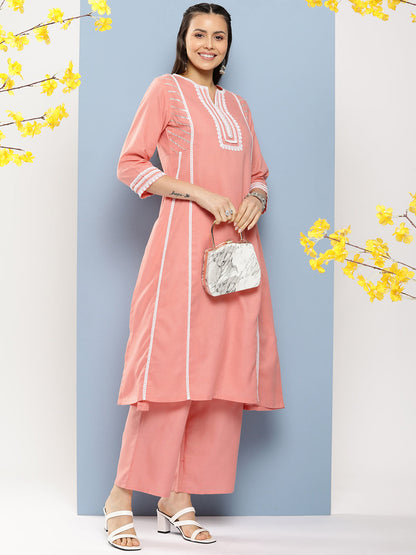 Women's Peach Solid Lace Details Kurta With Peach Solid Palazzo