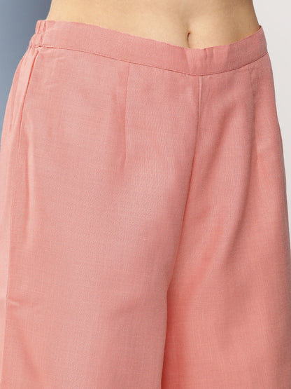 Women's Peach Solid Lace Details Kurta With Peach Solid Palazzo