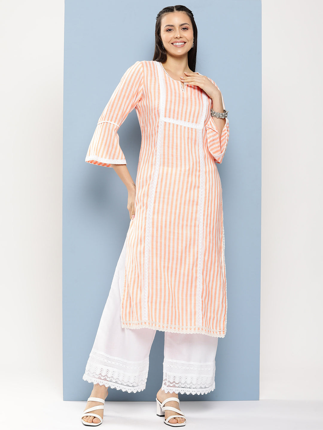 Women's Light Orange Lace Details Kurta With Off White Palazzo