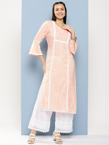 Women's Light Orange Lace Details Kurta With Off White Palazzo