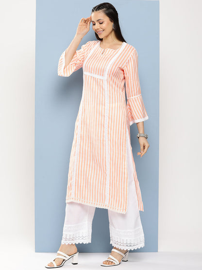 Women's Light Orange Lace Details Kurta With Off White Palazzo