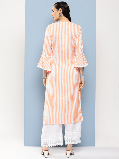 Women's Light Orange Lace Details Kurta With Off White Palazzo