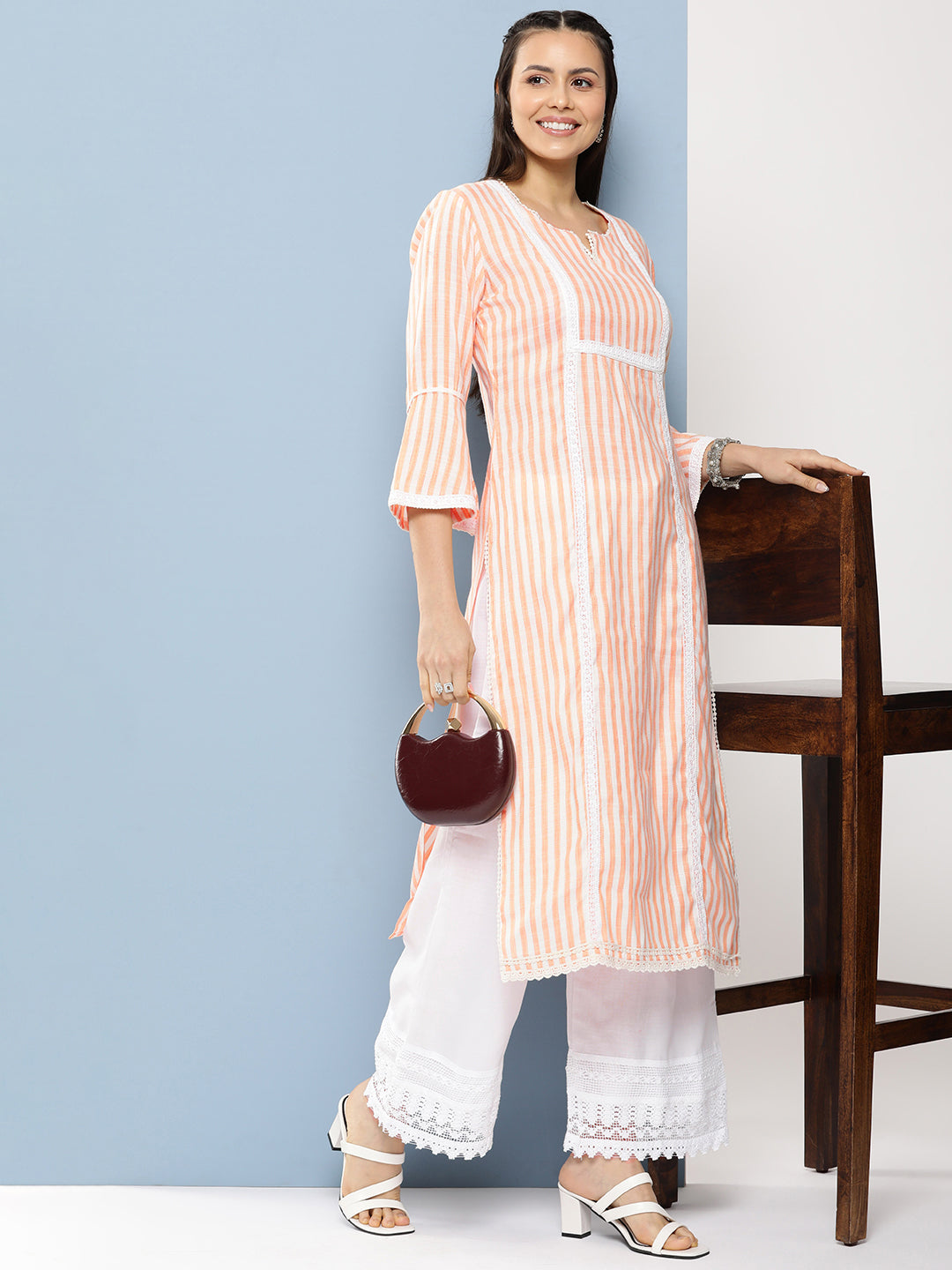 Women's Light Orange Lace Details Kurta With Off White Palazzo