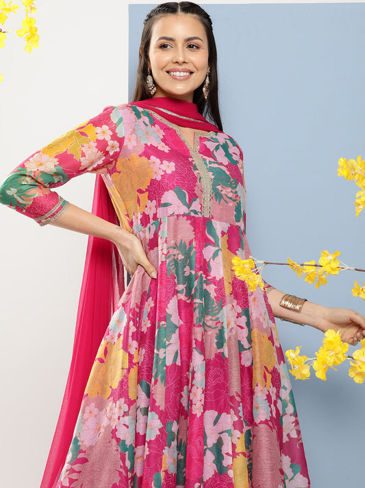 Women's Pink Floral Print A- Line Kurta With Lace Detailing & Pink Solid Palazzo With Lace Detailing
