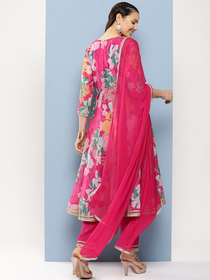 Women's Pink Floral Print A- Line Kurta With Lace Detailing & Pink Solid Palazzo With Lace Detailing
