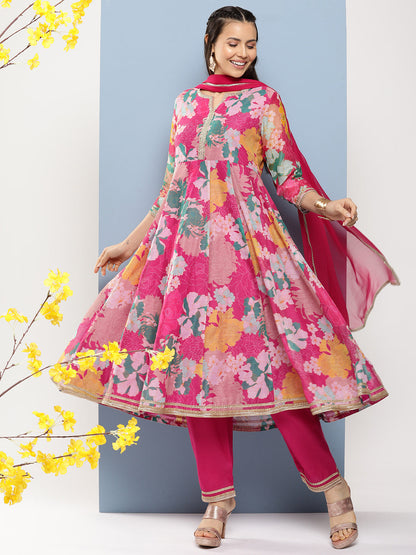 Women's Pink Floral Print A- Line Kurta With Lace Detailing & Pink Solid Palazzo With Lace Detailing